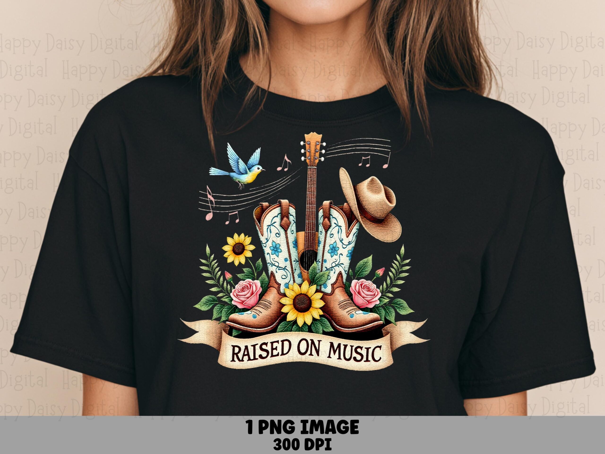 Raised On Music, Cowboy Boots PNG - Embroidered Floral Design, Guitar, Bluebird | Sublimation, Commercial, 300 DPI