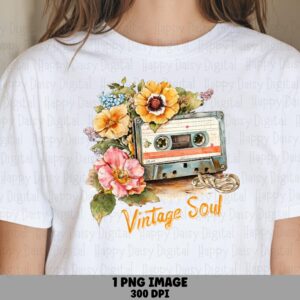 Vintage Cassette PNG, Retro Floral Mixtape Art - Watercolor Sunflowers, Pink Roses | Commercial Use, 300 DPI