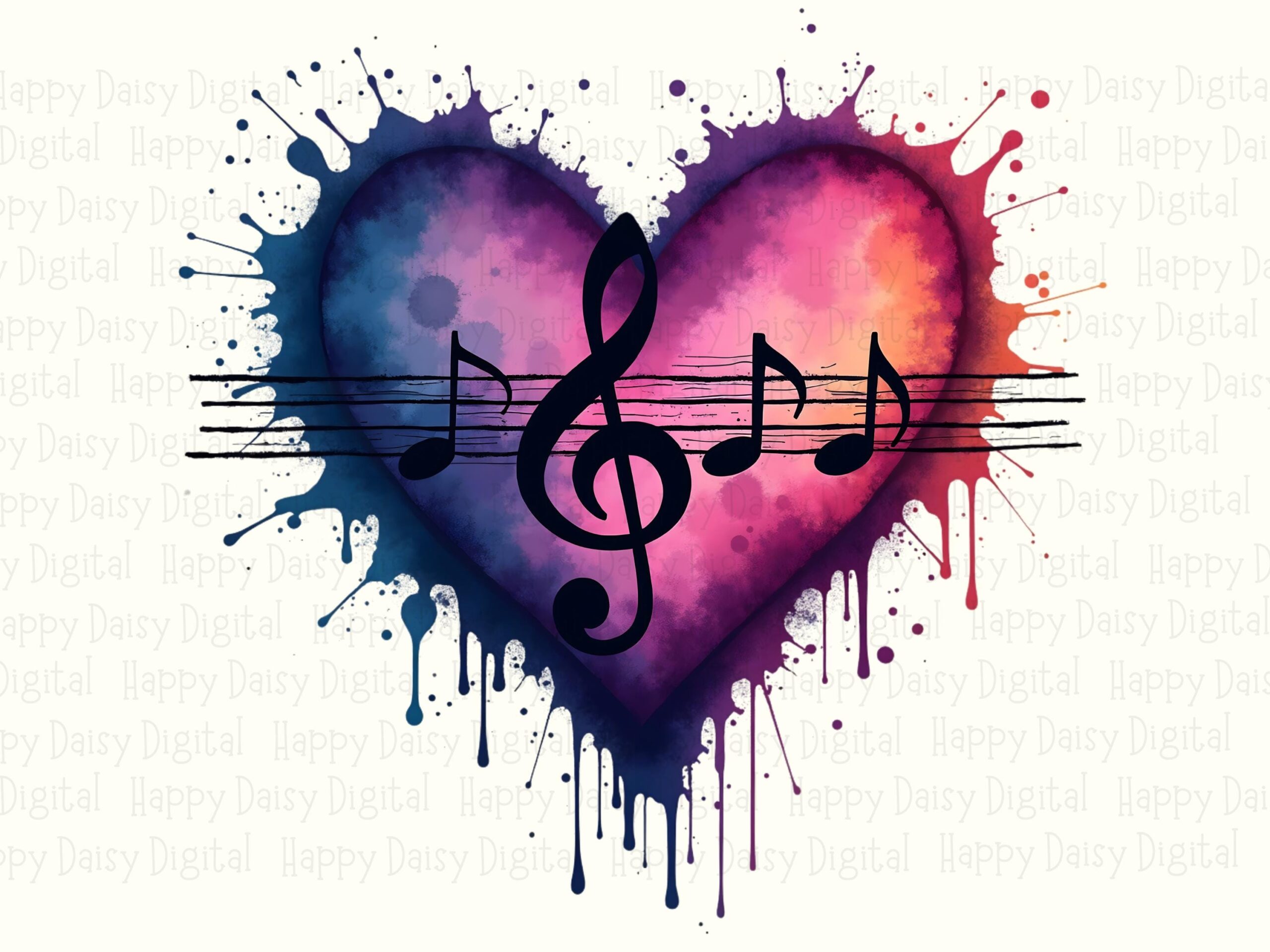Heart Splash PNG, Watercolor Music Motif | Treble Clef Notes, Sublimation Artwork - 300 DPI - Image 2