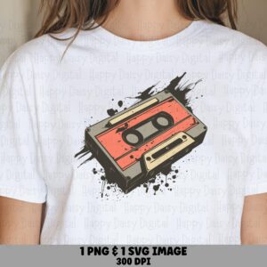Retro Mixtape PNG, Grunge Cassette Illustration - Orange Gray Paint Splatter | SVG Included, 300 DPI