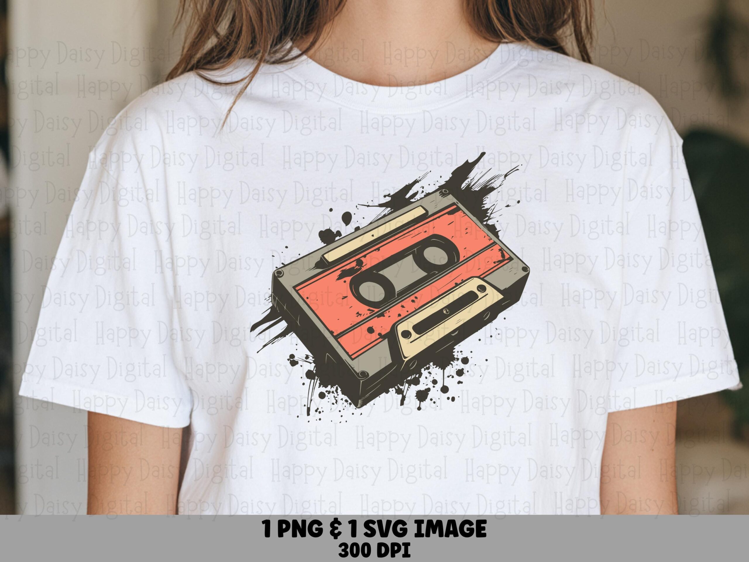 Retro Mixtape PNG, Grunge Cassette Illustration - Orange Gray Paint Splatter | SVG Included, 300 DPI