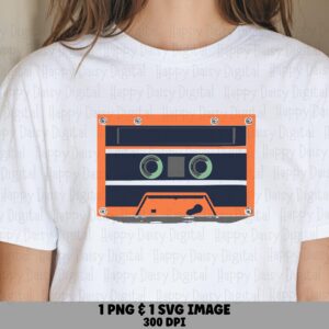 Flat Cassette PNG, Retro 80s Tape Clipart | Orange Navy Illustration, Green Reel Detail | SVG Included, 300 DPI