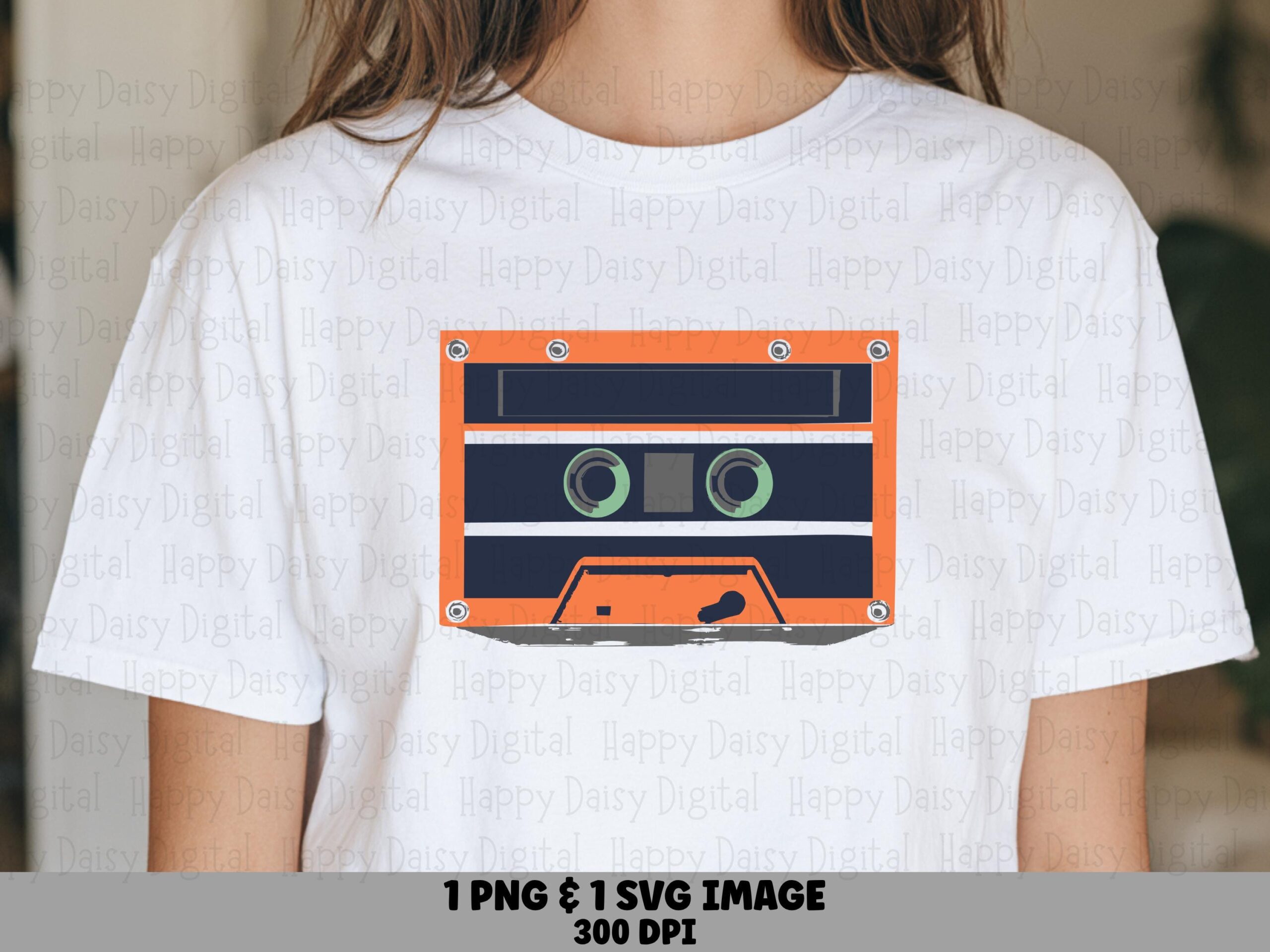 Flat Cassette PNG, Retro 80s Tape Clipart | Orange Navy Illustration, Green Reel Detail | SVG Included, 300 DPI