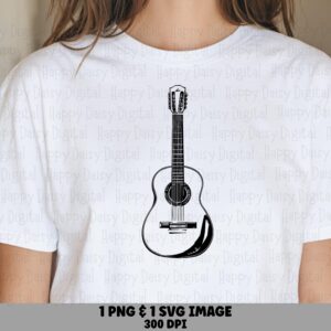 Guitar Line Art, Acoustic Sketch PNG, SVG | Black White Illustration, Commercial Use, POD Sellers, 300 dpi