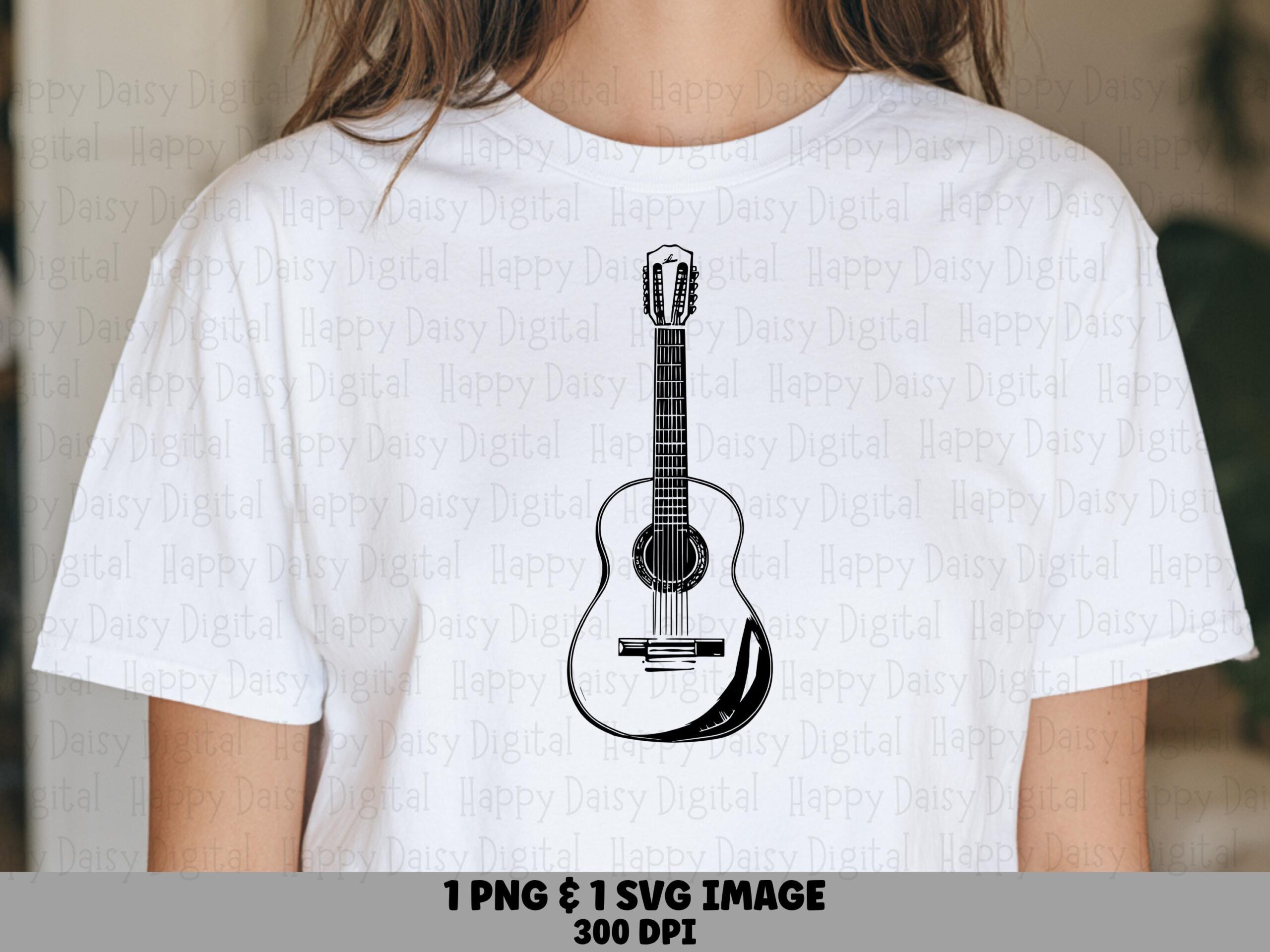 Guitar Line Art, Acoustic Sketch PNG, SVG | Black White Illustration, Commercial Use, POD Sellers, 300 dpi