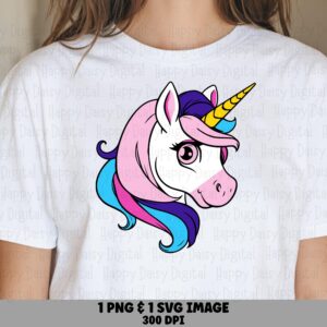 Rainbow Mane, Pastel Cartoon Unicorn Head | PNG And SVG Files | Sublimation Commercial Use, 300 DPI