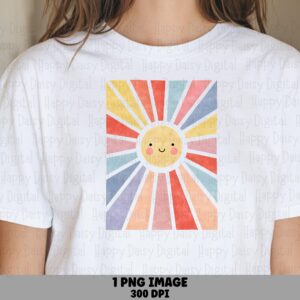 Rainbow Sun, Kawaii Sunburst PNG | Sublimation Commercial Use, Square Striped Rays, Coral Teal Lavender, 300 DPI