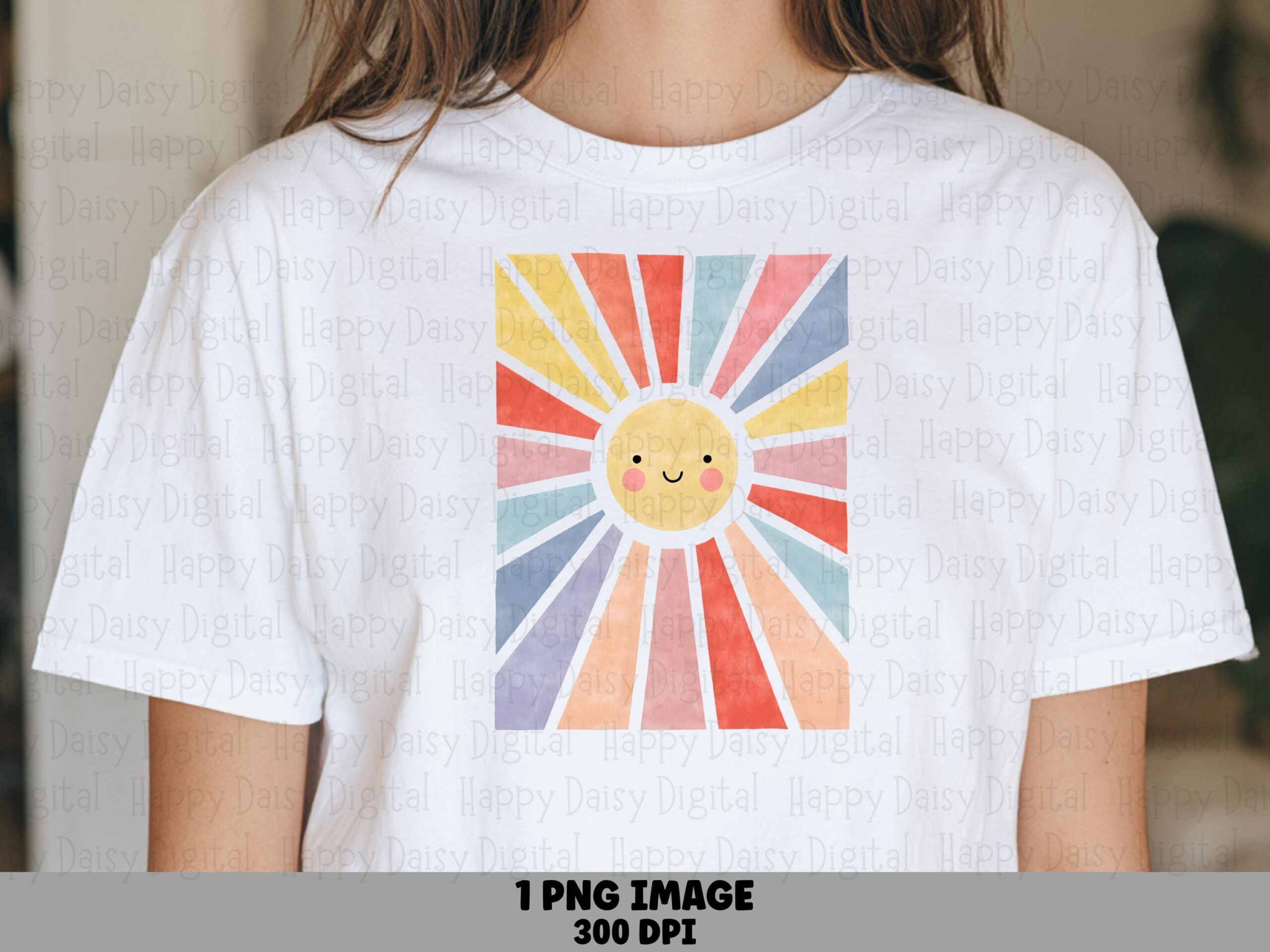 Rainbow Sun, Kawaii Sunburst PNG | Sublimation Commercial Use, Square Striped Rays, Coral Teal Lavender, 300 DPI