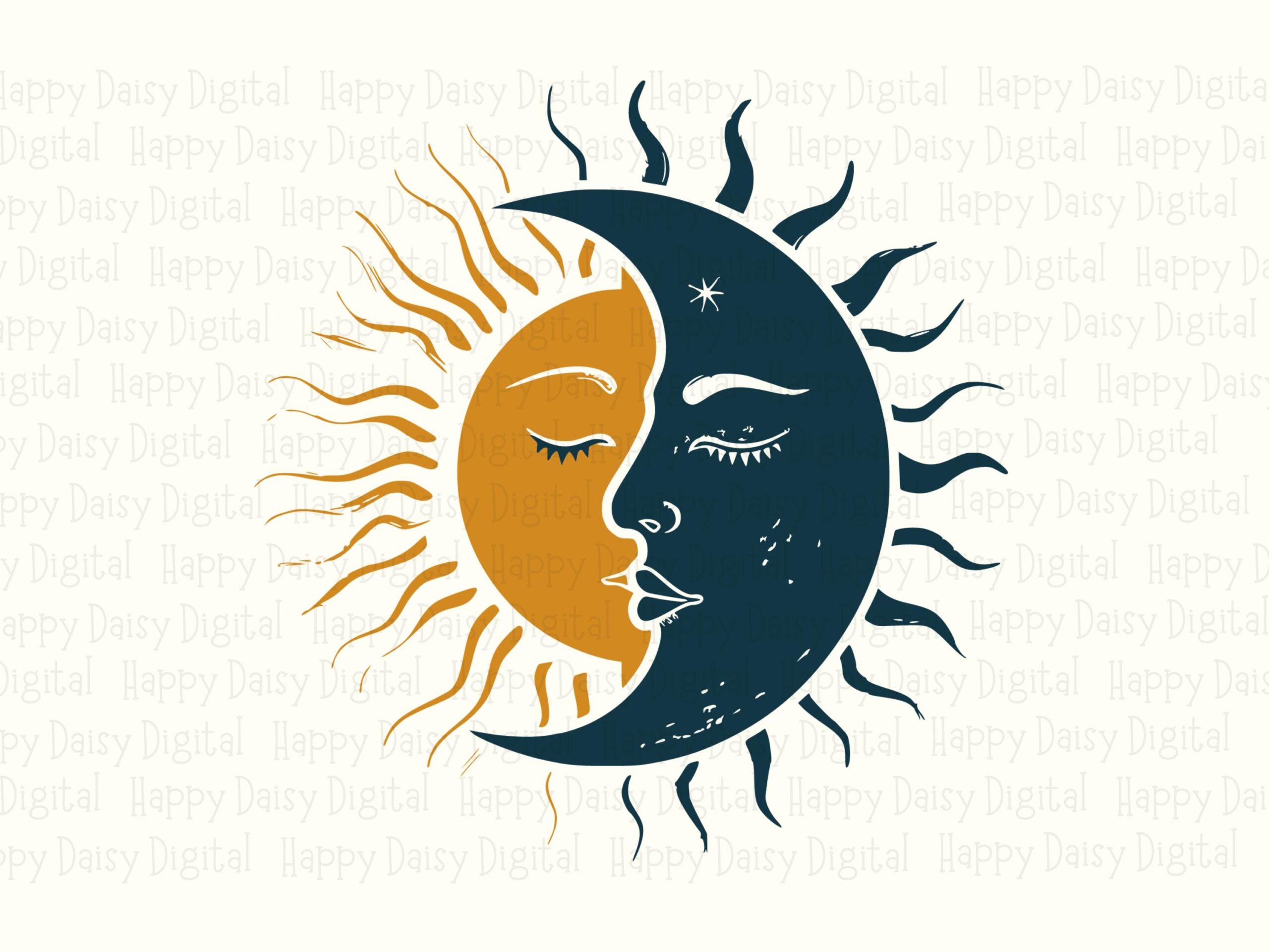 Sun Moon, Celestial Duality PNG SVG | Commercial Use | Sublimation Design, Golden Face Navy Crescent, 300 DPI - Image 2