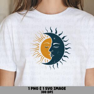 Sun Moon, Celestial Duality PNG SVG | Commercial Use | Sublimation Design, Golden Face Navy Crescent, 300 DPI