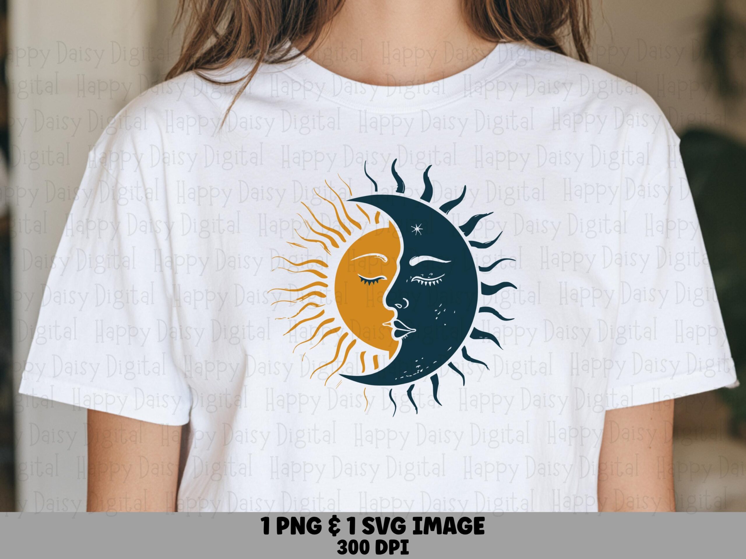 Sun Moon, Celestial Duality PNG SVG | Commercial Use | Sublimation Design, Golden Face Navy Crescent, 300 DPI