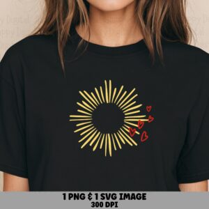 Hand Drawn Sun, Heart Trail PNG SVG | Yellow Sunburst, Red Hearts, Commercial Use, 300 DPI