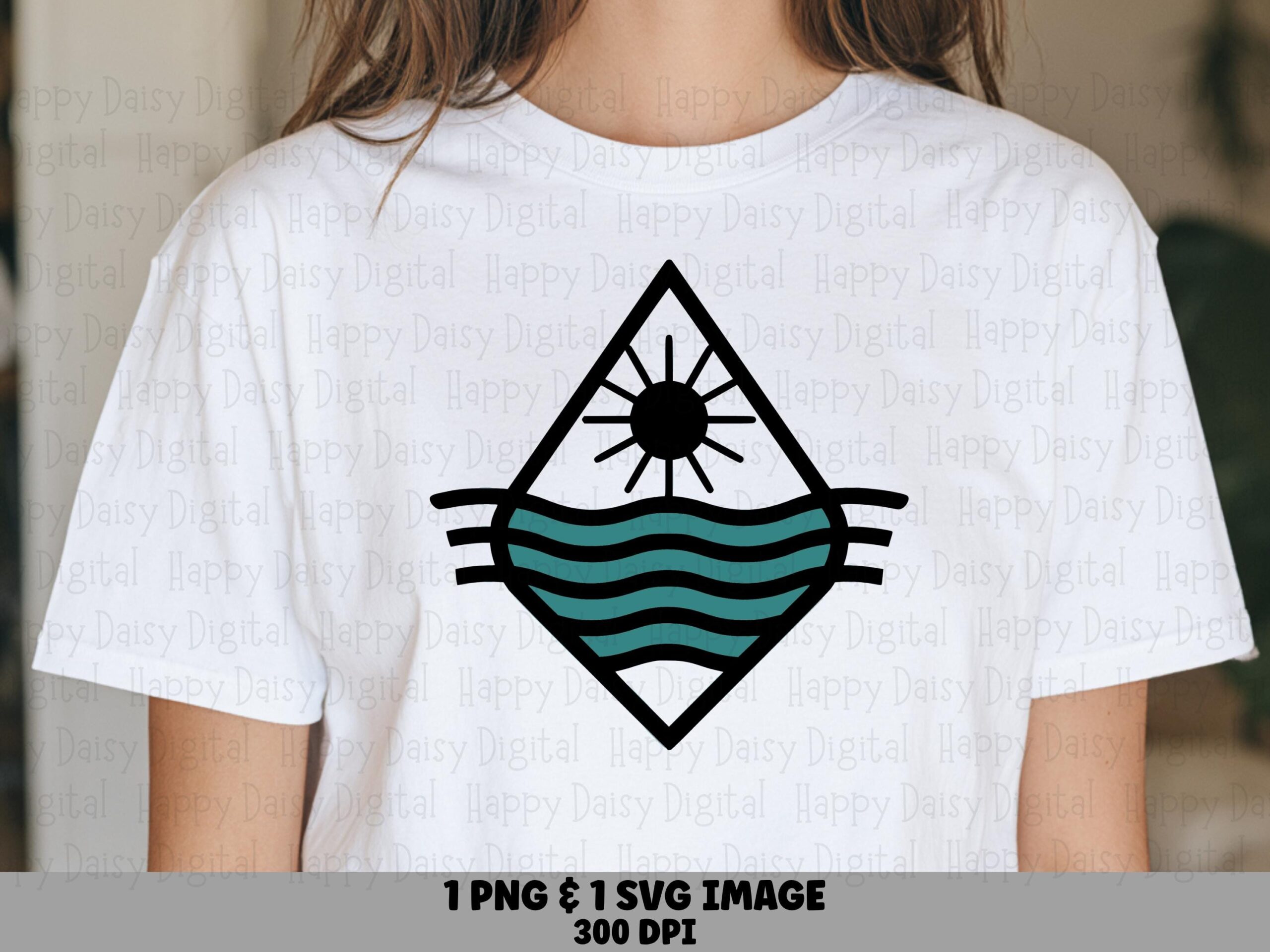Ocean Waves, Geometric Sunrise Clipart | PNG SVG Files, Teal Diamond Outline - Sublimation, Commercial Use