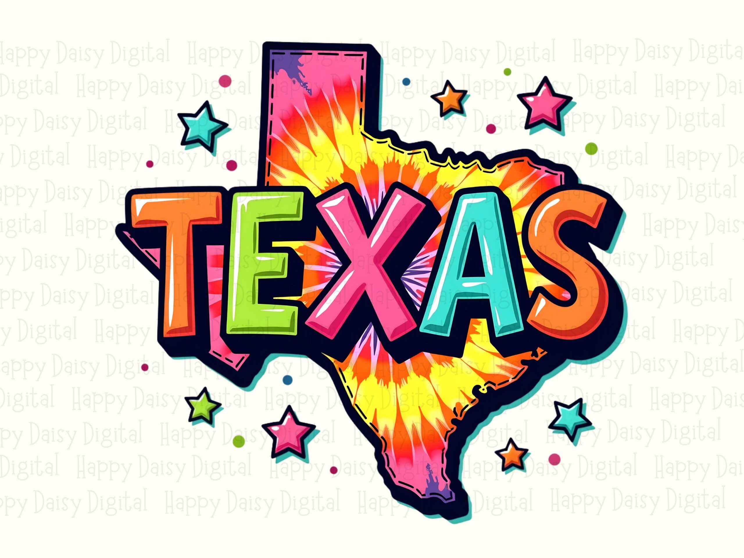 Texas Tie Dye, Neon State Shape PNG | Sublimation, Commercial Use - Bubble Text, Stars, Print-Ready 300 DPI, POD - Image 2