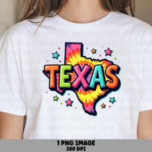 Texas Tie Dye, Neon State Shape PNG | Sublimation, Commercial Use - Bubble Text, Stars, Print-Ready 300 DPI, POD