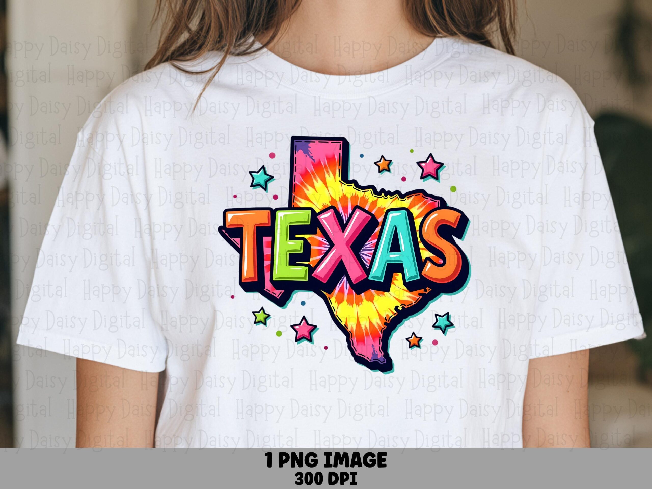 Texas Tie Dye, Neon State Shape PNG | Sublimation, Commercial Use - Bubble Text, Stars, Print-Ready 300 DPI, POD