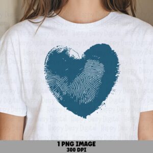 Fingerprint Heart, Teal Thumbprint Tee PNG | Sublimation Graphic | 300 DPI, Commercial Use, POD Ready, Cricut