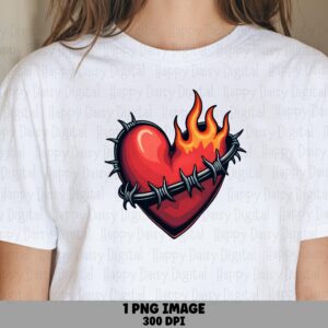 Flame Heart, Tattoo Style Barbed Wire Design PNG | Sublimation Clipart | Red, 300 DPI, Commercial Use