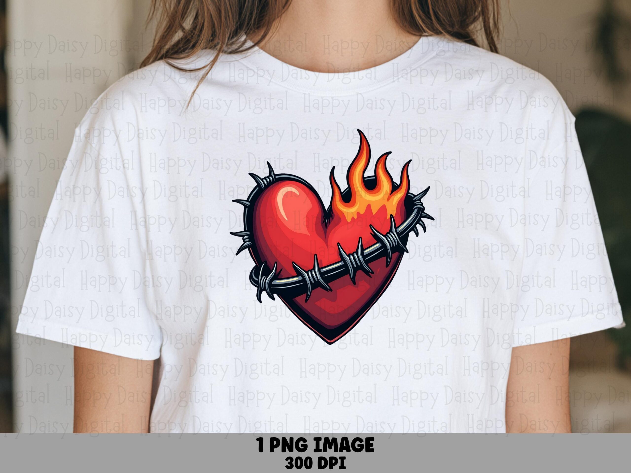 Flame Heart, Tattoo Style Barbed Wire Design PNG | Sublimation Clipart | Red, 300 DPI, Commercial Use