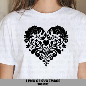 Damask Heart, Ornate Floral PNG SVG | Black Filigree Clipart | 300 DPI, Commercial Use License
