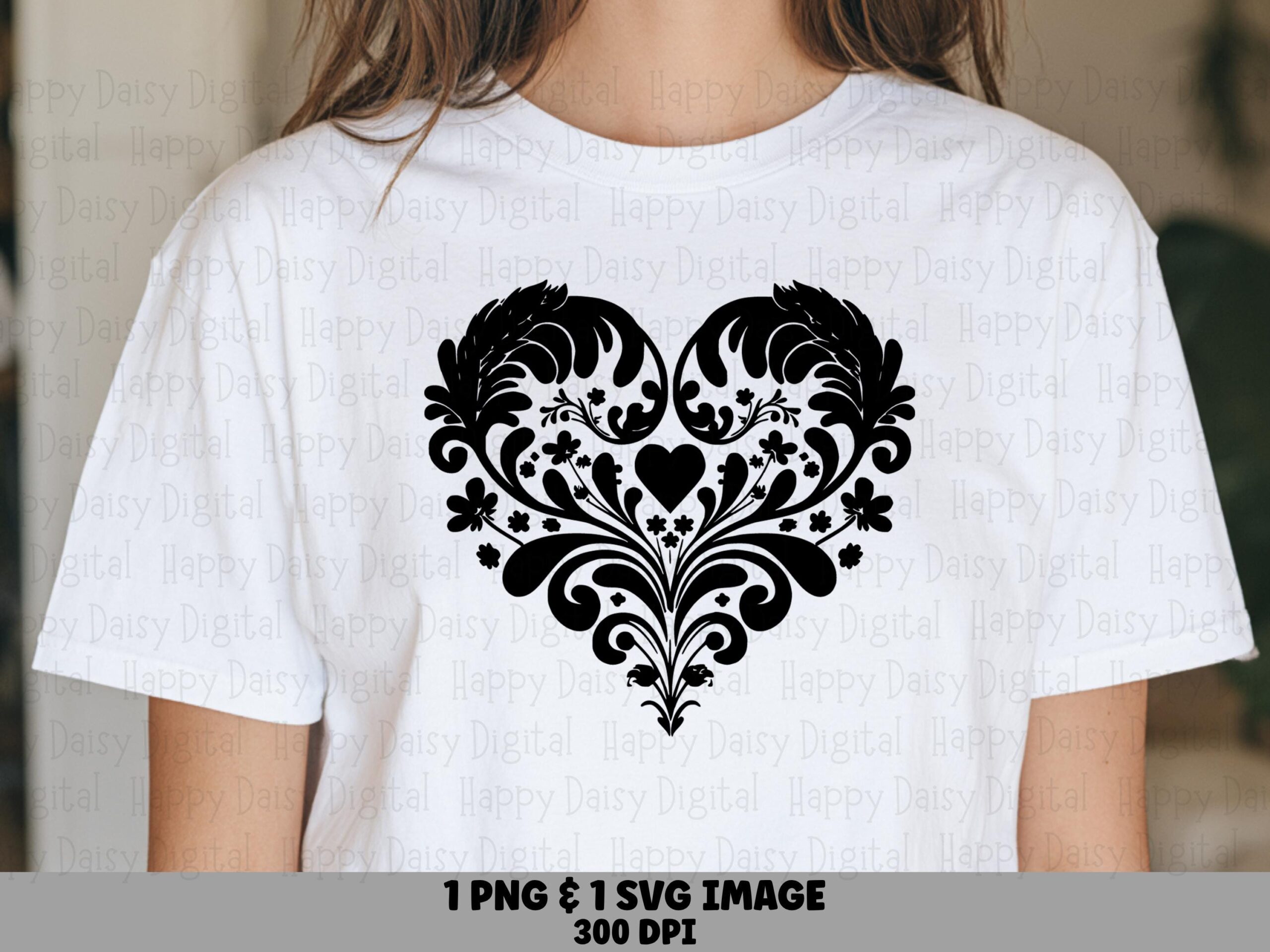 Damask Heart, Ornate Floral PNG SVG | Black Filigree Clipart | 300 DPI, Commercial Use License