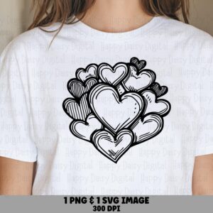 Heart Cluster, Sketchy Doodle PNG+SVG | Black White Clipart, 300 dpi, For POD Sellers, Commercial License