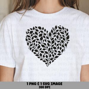 Leaf Heart, Botanical Vine PNG & SVG, Black Silhouette Design - Sublimation, Commercial Use, 300 DPI