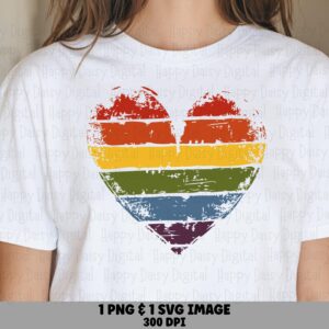 Rainbow Heart, Distressed Retro PNG SVG, Vintage Stripe Design | Sublimation Files, Commercial Use, 300 DPI