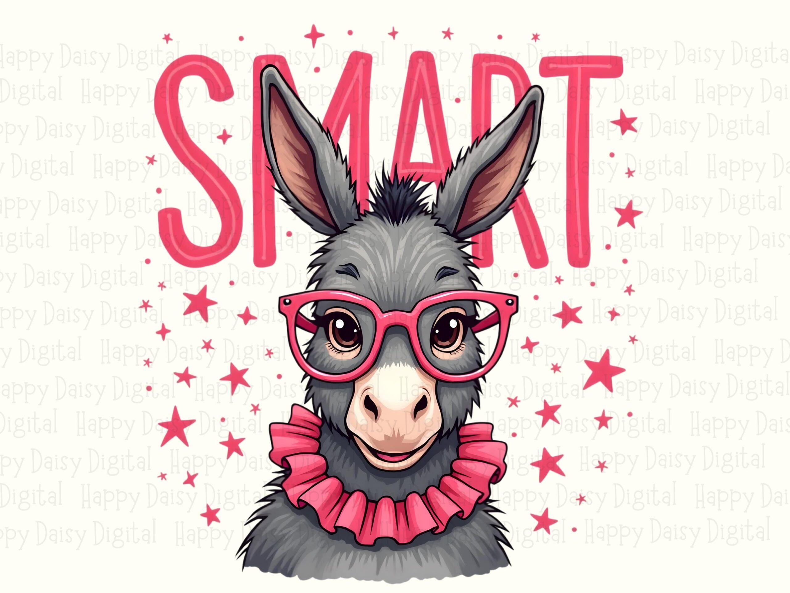 Smart Donkey PNG, Cute Pink Glasses Art For Sublimation - Ruffled Collar With Stars | 300 DPI, Commercial Use - Image 2
