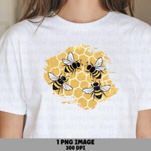 Honeycomb Bee PNG, Yellow Brushstroke Design | Sublimation Commercial Use | Print-Ready 300 DPI, Transparent Background