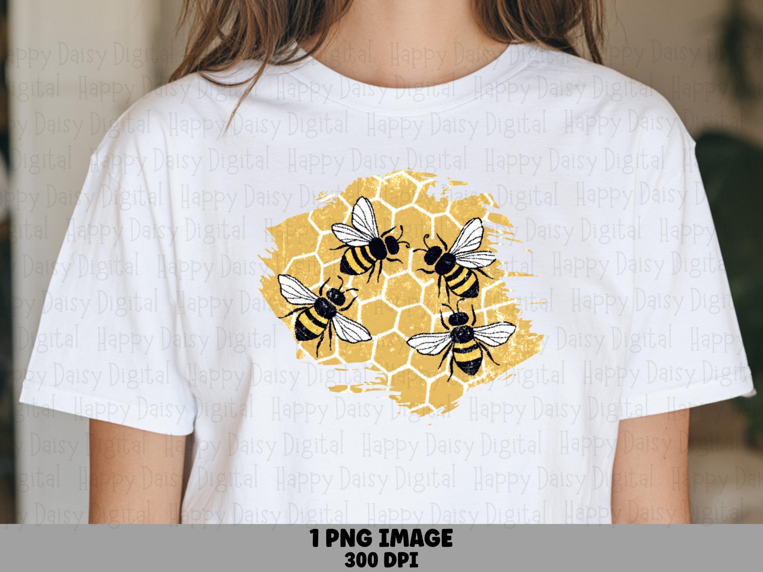 Honeycomb Bee PNG, Yellow Brushstroke Design | Sublimation Commercial Use | Print-Ready 300 DPI, Transparent Background