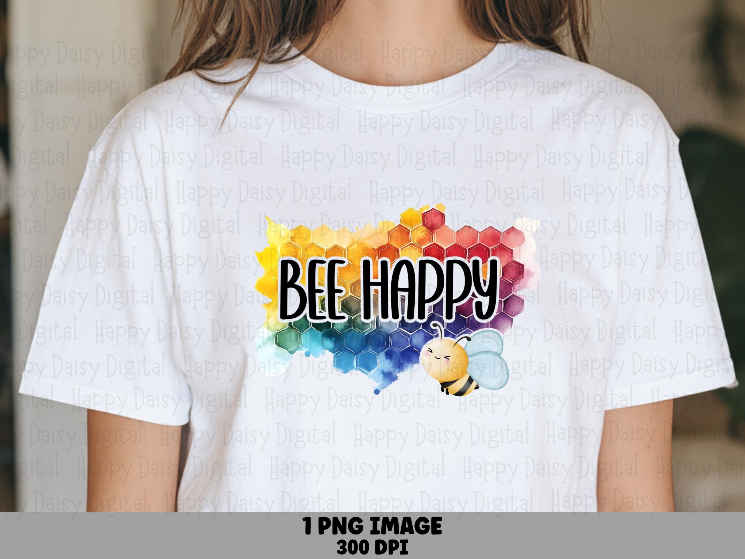 Bee Happy Png, Watercolor Rainbow Honeycomb Clipart | Transparent 300 DPI | Commercial Use, Sublimation