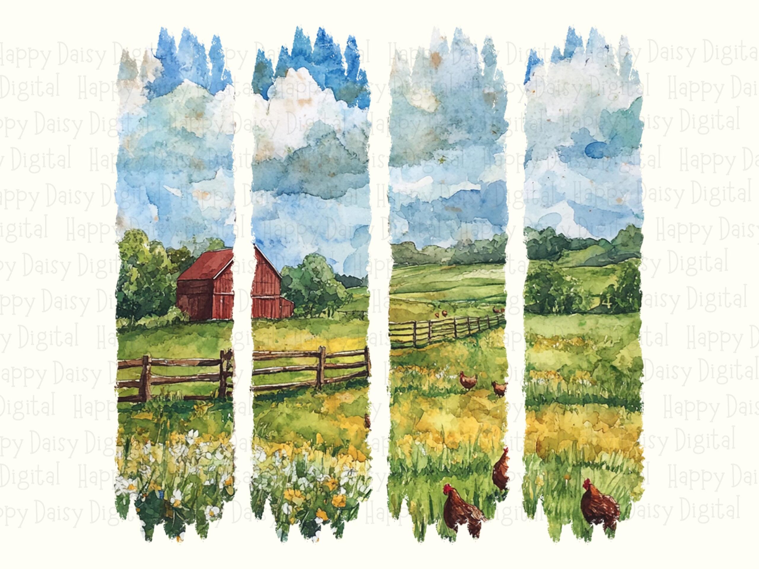 Watercolor Farm PNG, Red Barn Hen Collage - Farmhouse Scene, Sublimation | 300 DPI, Commercial Use - Image 2
