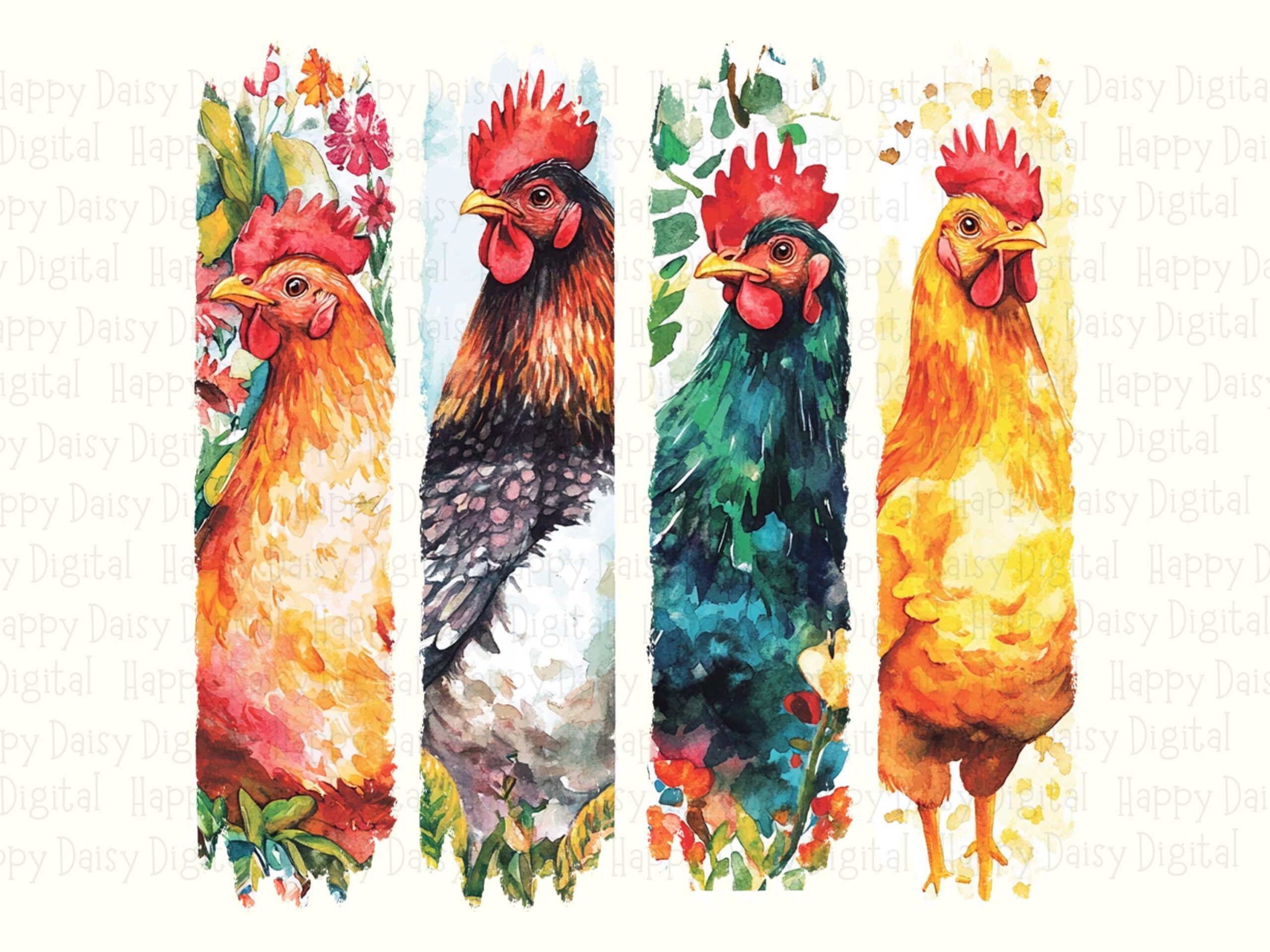 Rooster Portrait PNG, Watercolor Torn-Strip Collage, Farmhouse Poultry (Orange, Teal, Gold) | Commercial Use 300DPI - Image 2