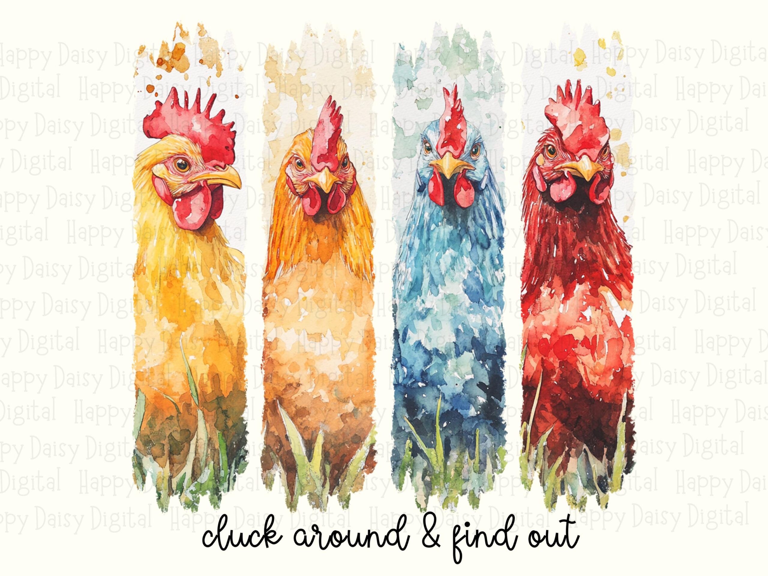 Cluck Around Find, Watercolor Rooster PNG Set | Sublimation Commercial Use, 300 DPI, Yellow Orange Blue Red - Image 2