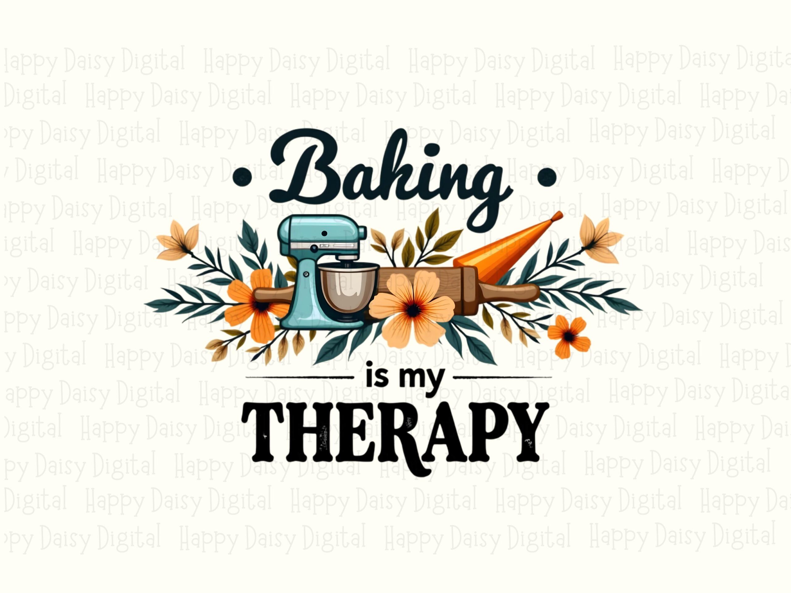 Baking Therapy Png, Teal Stand Mixer Floral Design | Transparent 300 DPI | Commercial Sublimation - Image 2