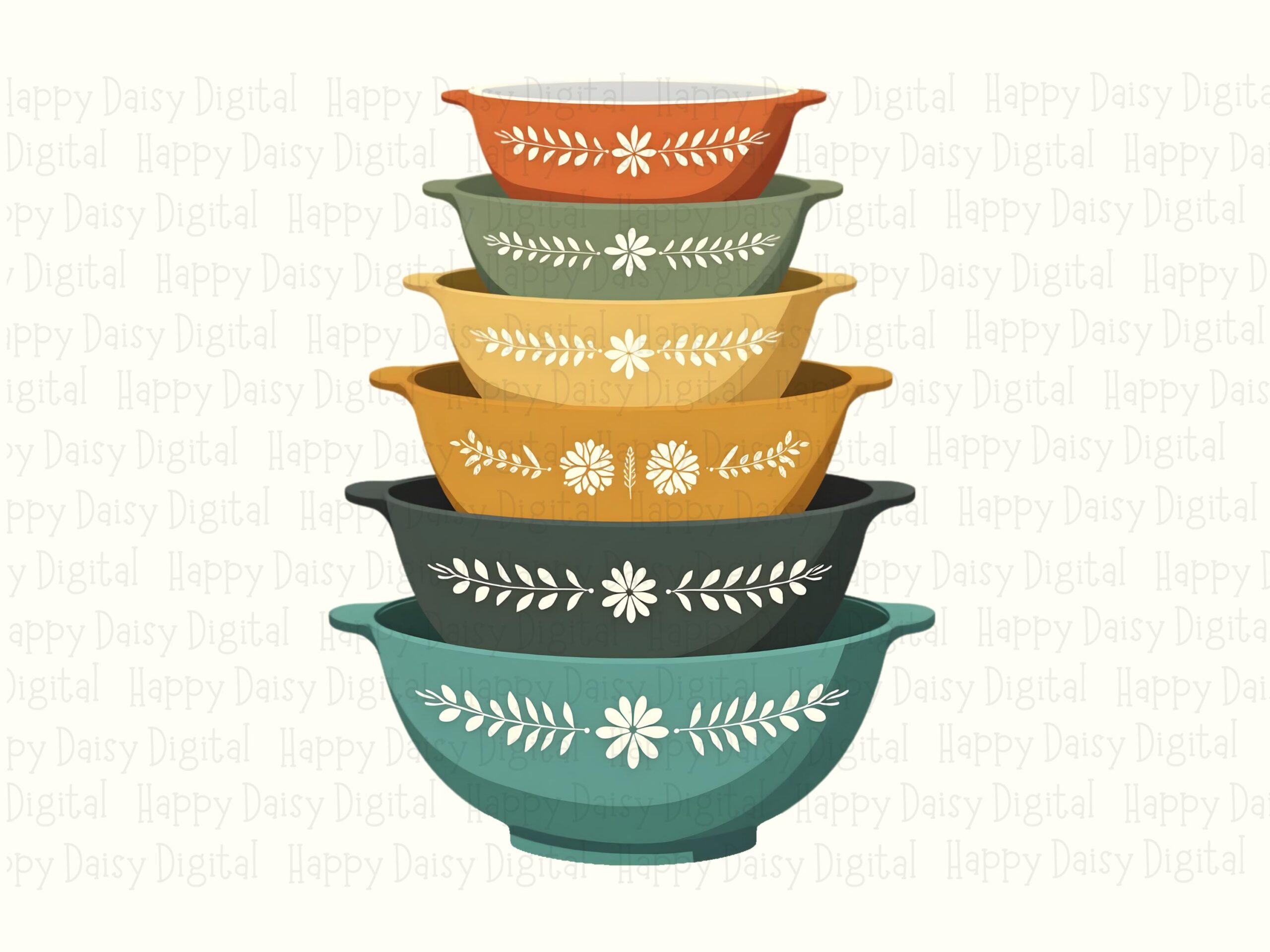 Vintage Pyrex Png, Retro Bowl Stack Clipart - Nesting Bowls, Orange Gold Brown Green | Sublimation, Commercial Use - Image 2