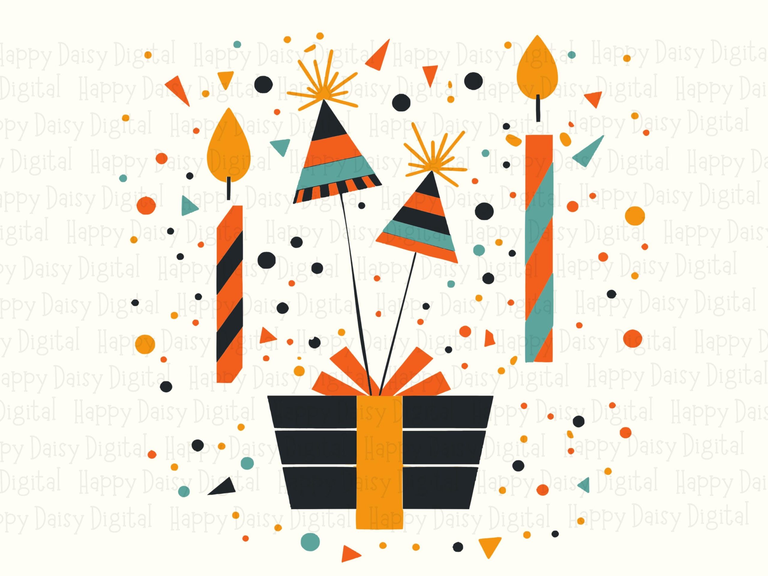 Retro Birthday PNG, Mid Century Candle Design - Gift Box Confetti | SVG File | 300 DPI, Commercial Use - Image 2