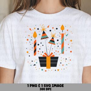 Retro Birthday PNG, Mid Century Candle Design - Gift Box Confetti | SVG File | 300 DPI, Commercial Use