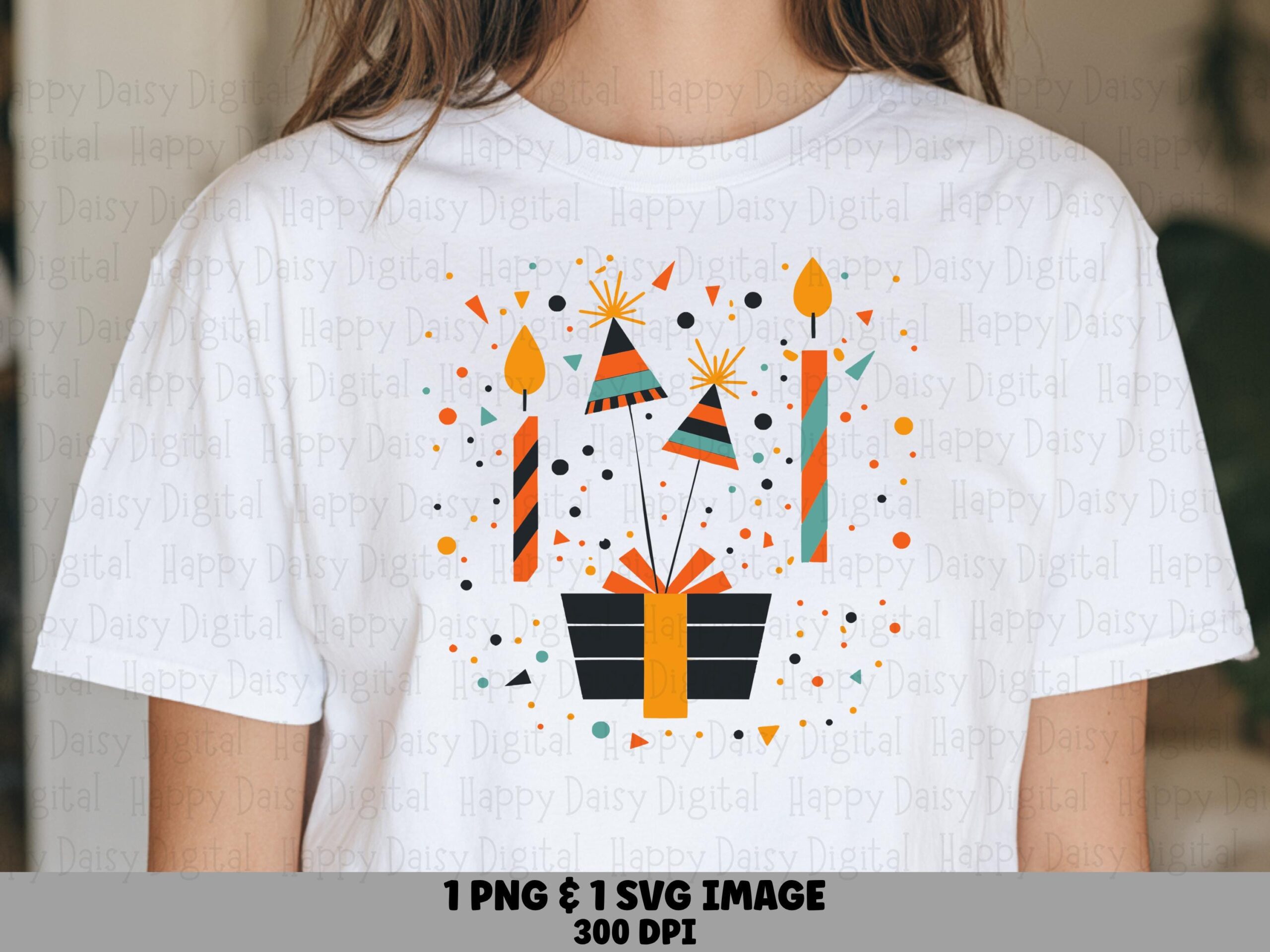 Retro Birthday PNG, Mid Century Candle Design - Gift Box Confetti | SVG File | 300 DPI, Commercial Use