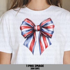 Patriotic Bow PNG, Red White Blue Striped Ribbon Clipart | Sublimation File, Commercial Use, 300 DPI