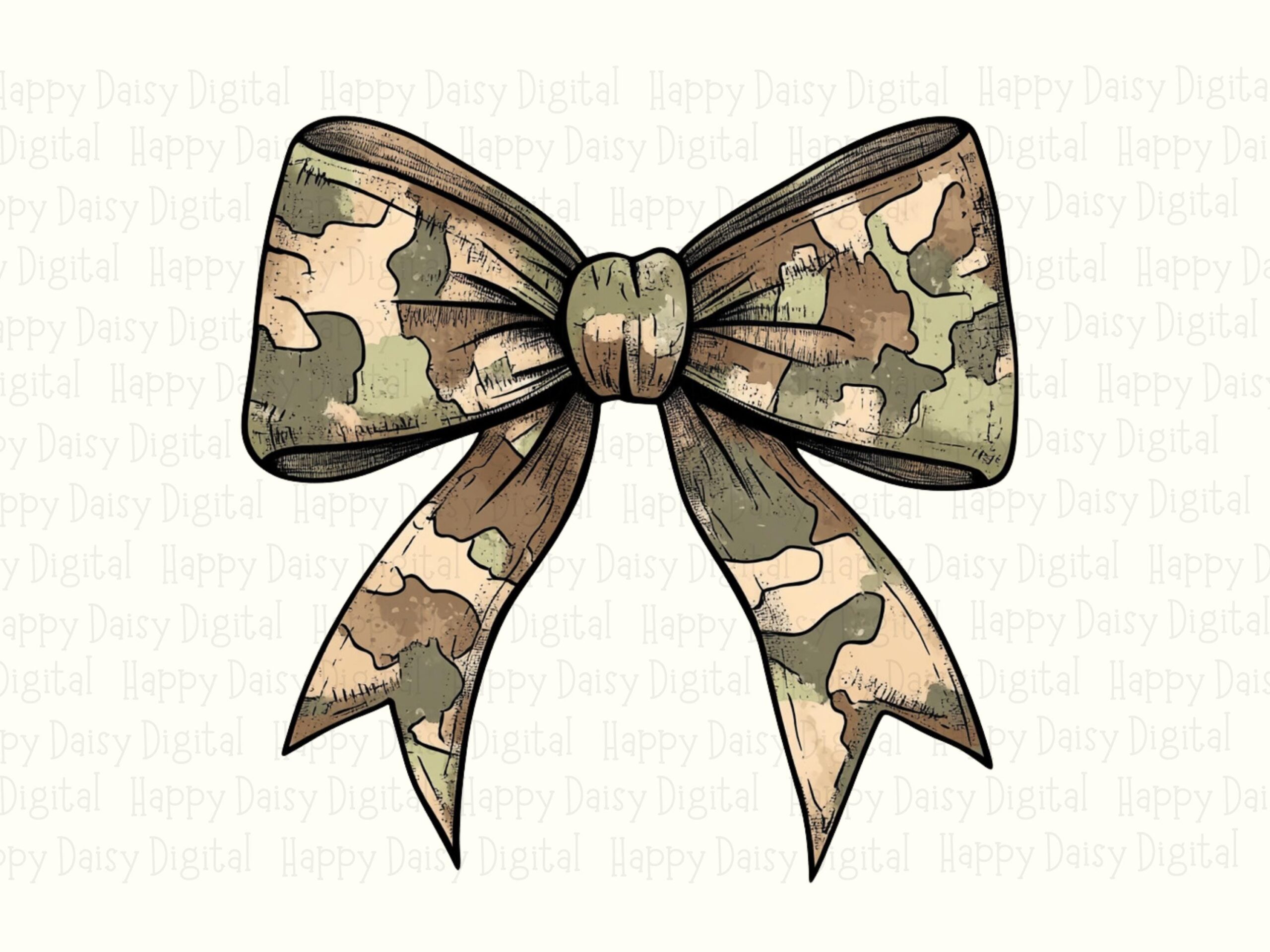 Camo Bow PNG, Hunting Camouflage Graphic, Hand-Drawn Ribbon | Sublimation 300 DPI, Commercial License Included - Image 2