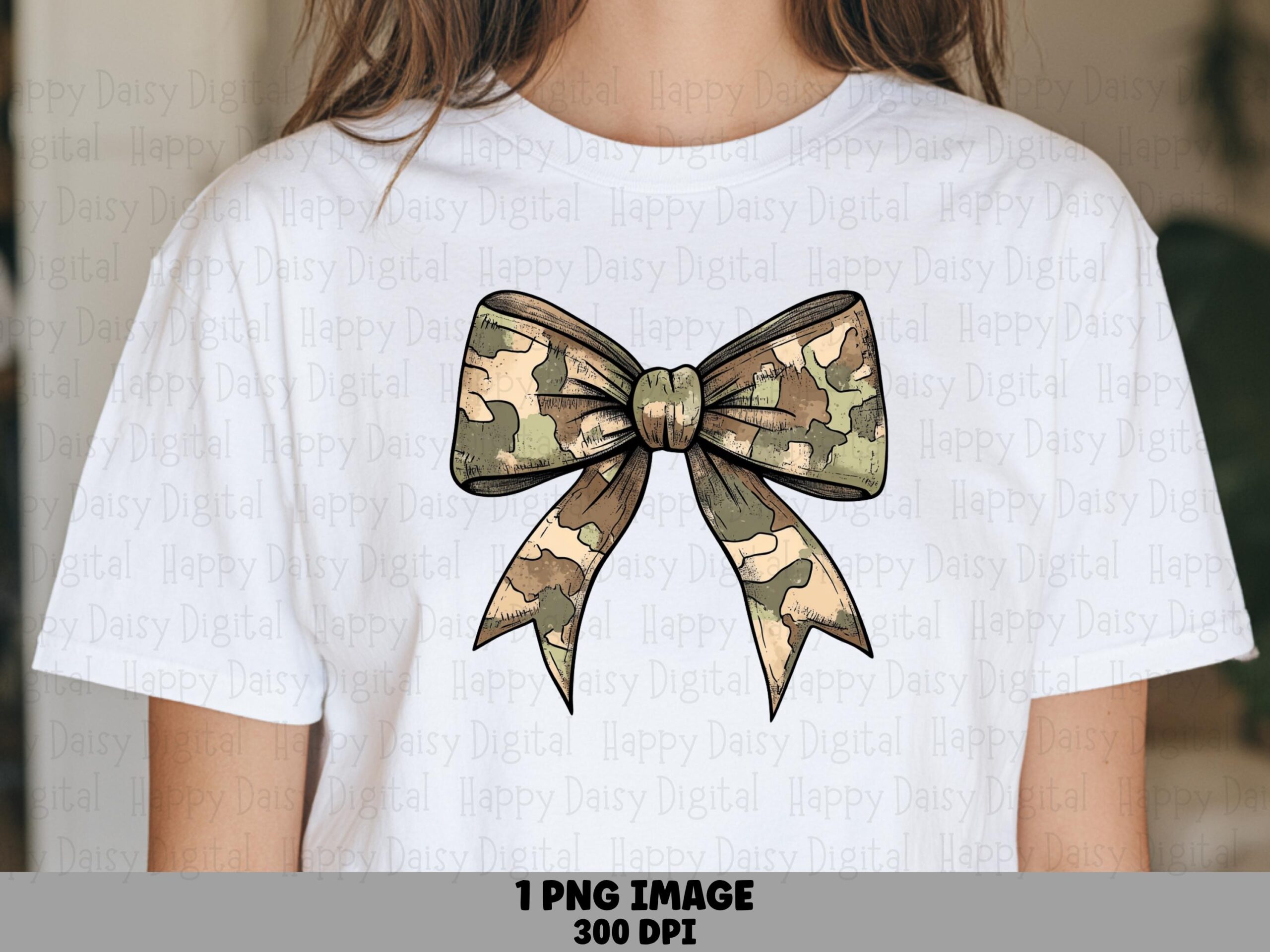 Camo Bow PNG, Hunting Camouflage Graphic, Hand-Drawn Ribbon | Sublimation 300 DPI, Commercial License Included