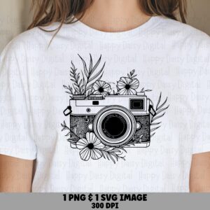 Vintage Camera PNG, Floral Line Art Design, Sublimation-Ready | SVG Bundle | 300 DPI, Commercial License