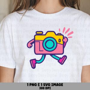 Walking Camera Svg, Retro Mascot Illustration - Fun Photography Character, Png Included | 300 DPI, Commercial Use