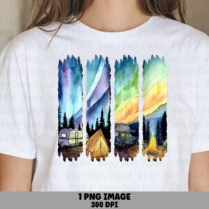Northern Lights Camp, Watercolor Camping Scene PNG | Commercial Use License | 300 DPI, Transparent Background