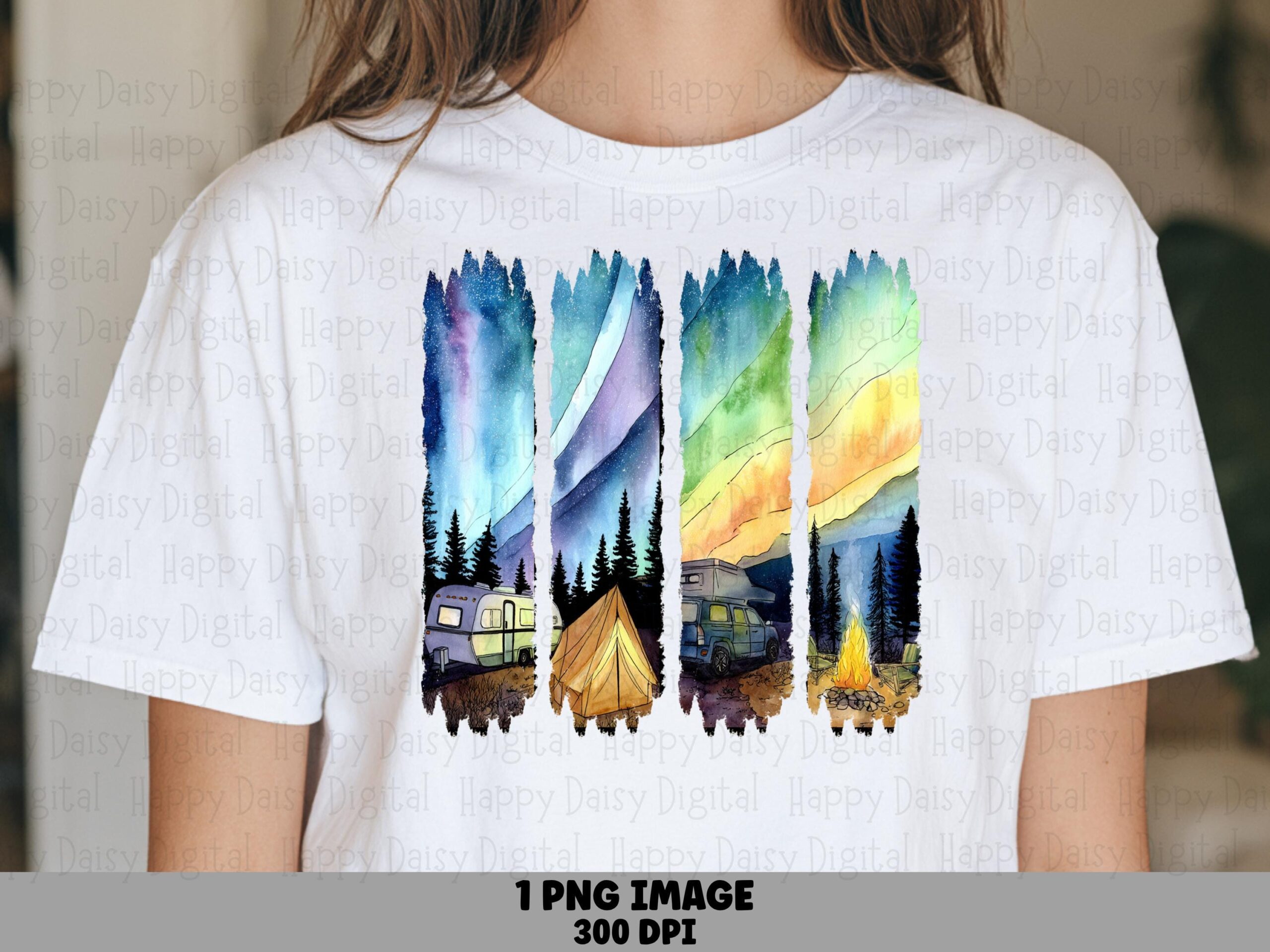 Northern Lights Camp, Watercolor Camping Scene PNG | Commercial Use License | 300 DPI, Transparent Background