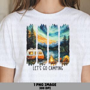 Lets Go Camping, Watercolor PNG, Sublimation | Vintage Camper, Campfire, Starry Night, 300 DPI, Commercial Use