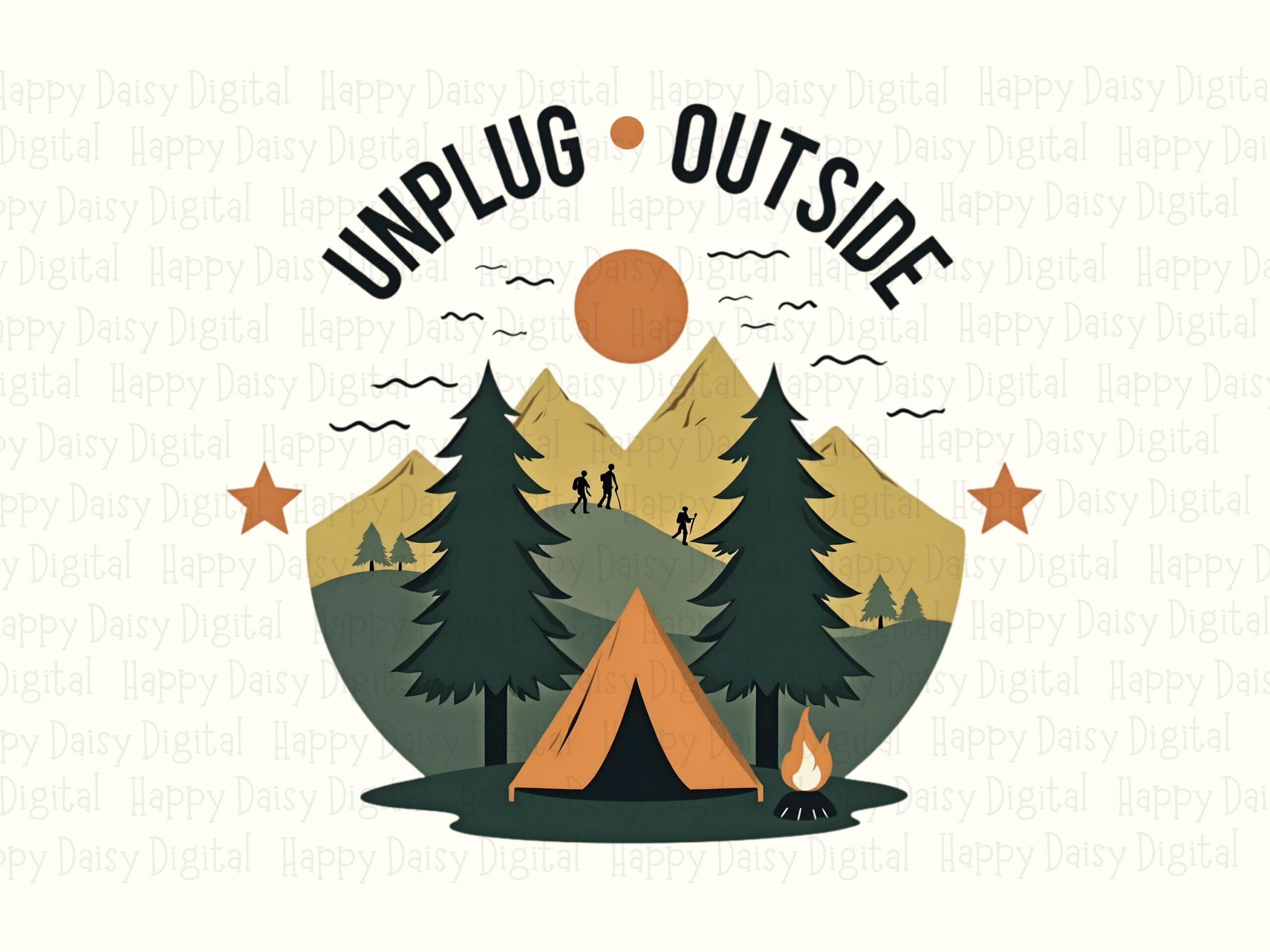 Unplug Outside PNG, Retro Badge Design | Mountains Hikers Tent Campfire, Transparent 300 DPI, Commercial Use - Image 2