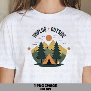 Unplug Outside PNG, Retro Badge Design | Mountains Hikers Tent Campfire, Transparent 300 DPI, Commercial Use